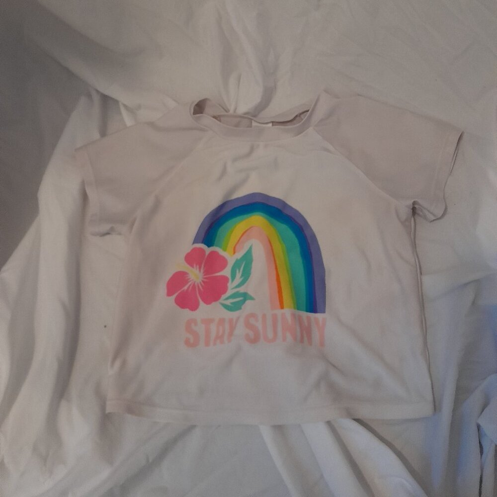 Cat & Jack Rainbow Flower "Stay Sunny" White short-sleeve Swim Shirt Rash Guard